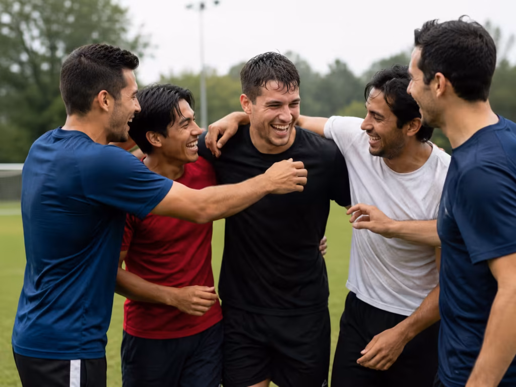Five soccer players laughing and celebrating together on a grassy outdoor field after training, showcasing teamwork, friendship, and fitness during a soccer workout. Is Soccer a Good Workout for Weight Loss? 