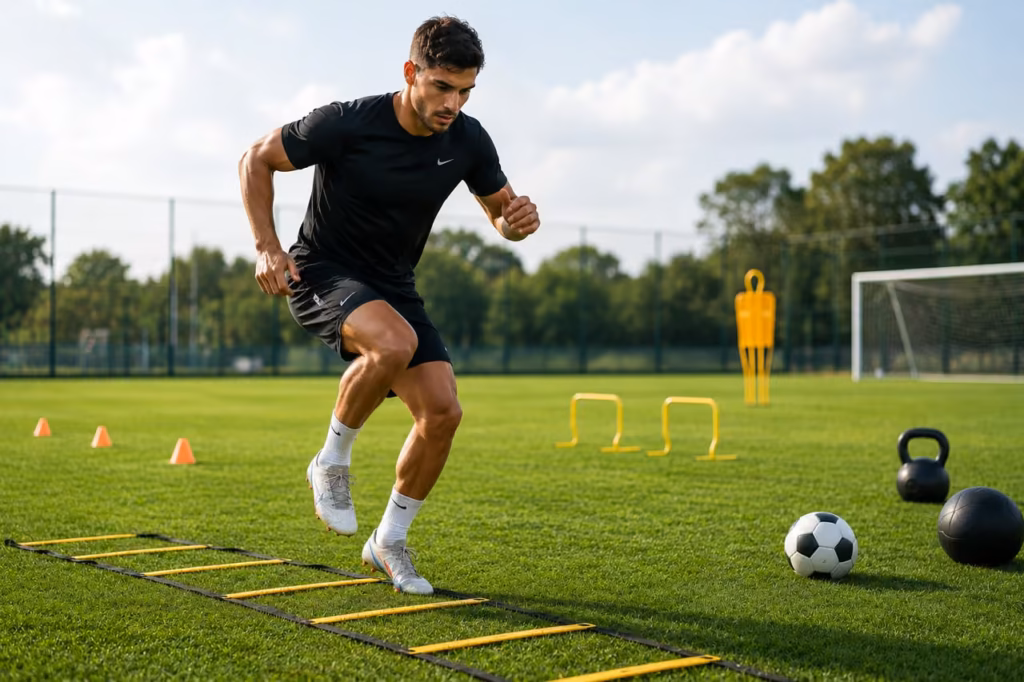 Soccer player performing agility ladder drills on a green grass field to improve speed, balance, and overall fitness during outdoor training. Is Soccer a Good Workout for Weight Loss? 